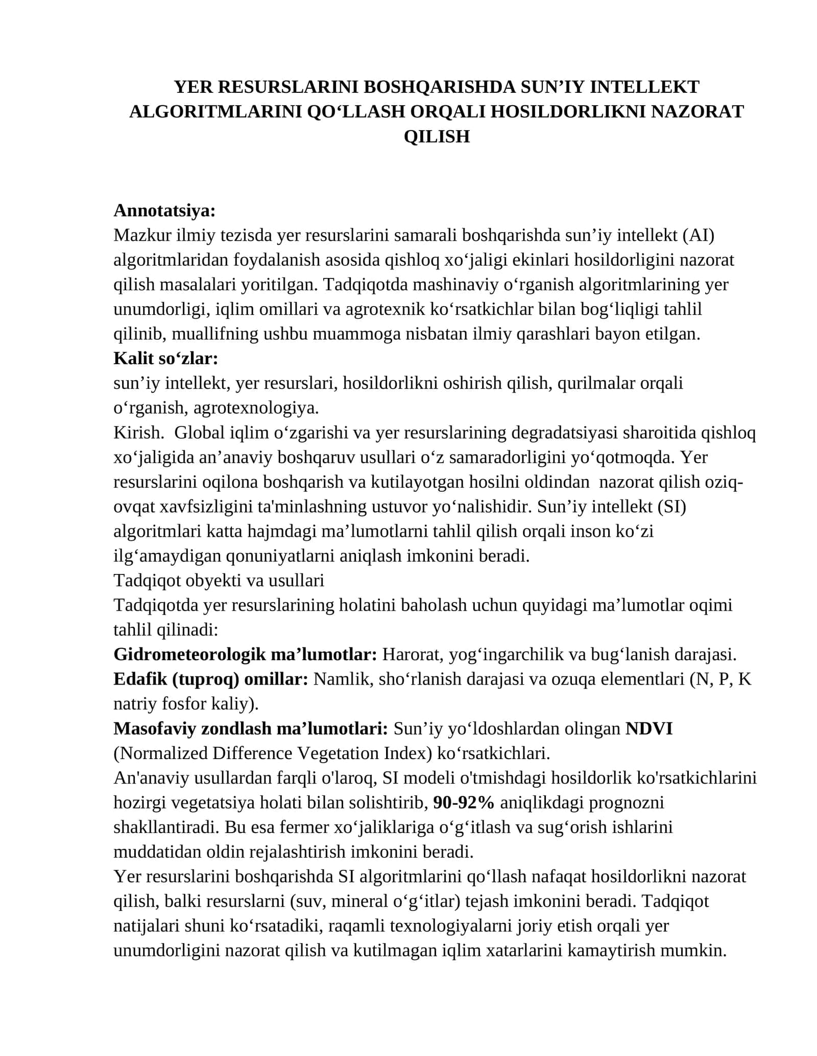 YER RESURSLARINI BOSHQARISHDA SUN’IY INTELLEKT ALGORITMLARINI QO'LLASH ORQALI HOSILDORLIKNI NAZORAT QILISH 1