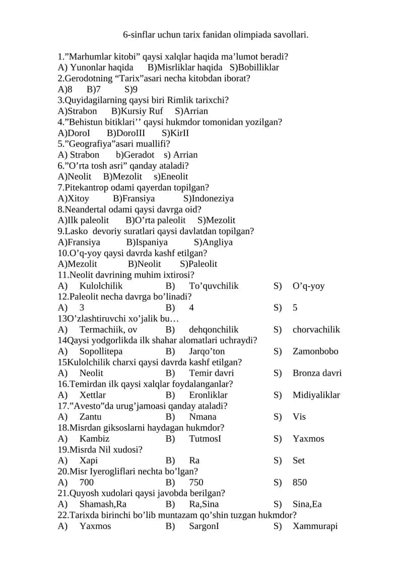 6-sinflar uchun tarix fanidan olimpiada savollari 1