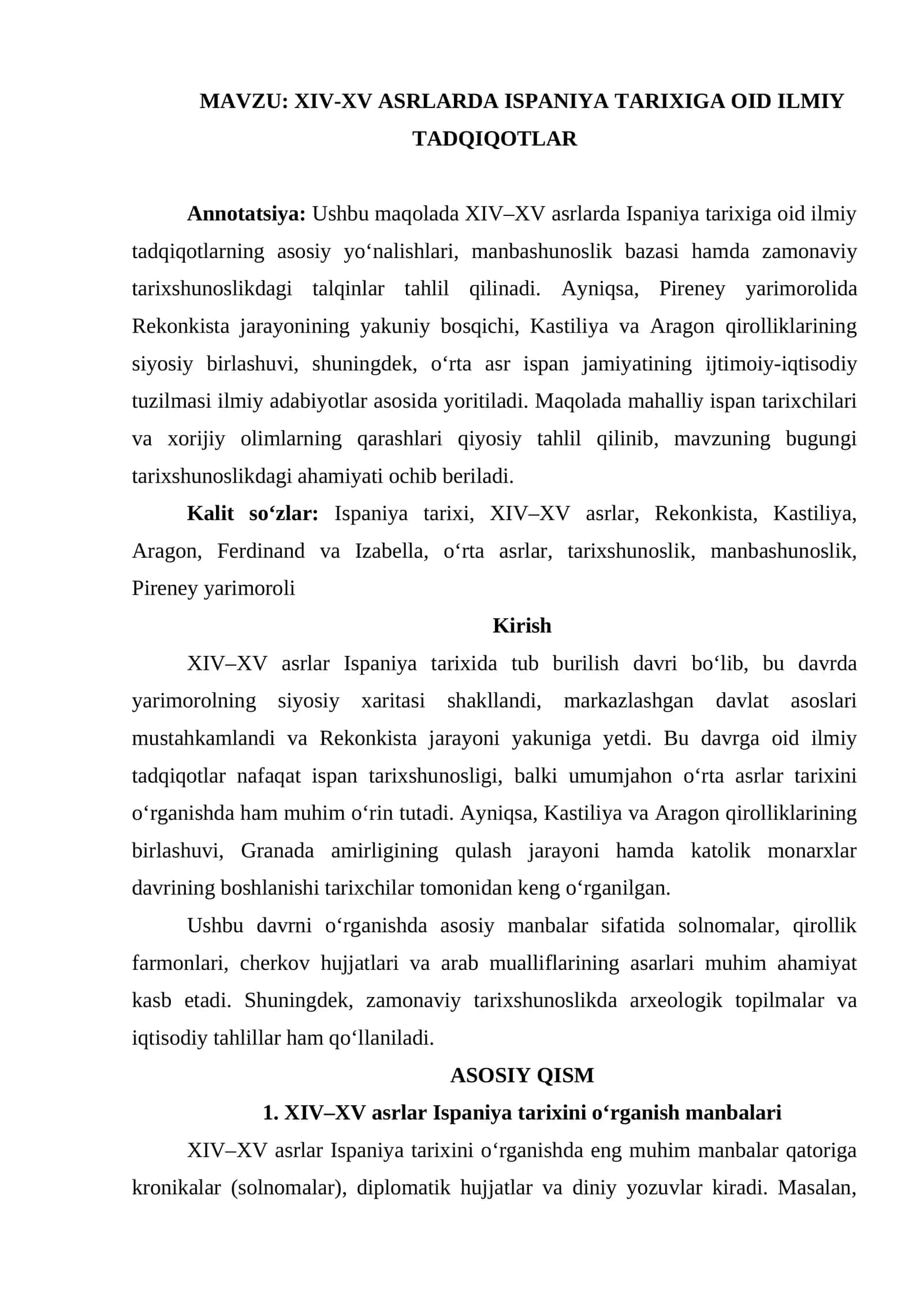 XIV-XV asrlarda Ispaniya tarixiga oid ilmiy tadqiqotlar mavzusida maqola 1