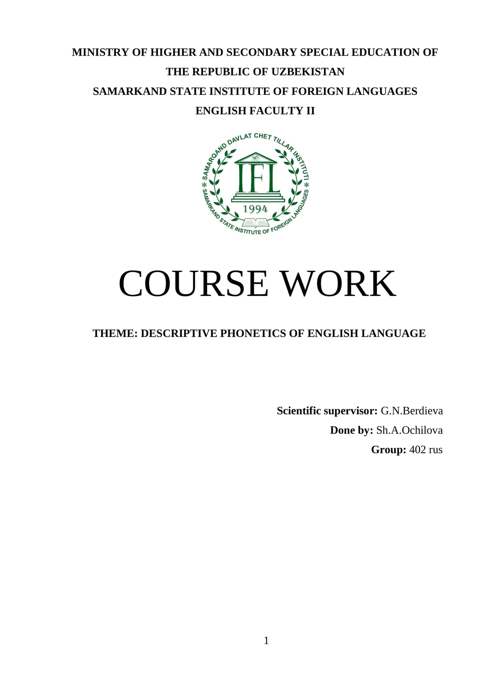 DESCRIPTIVE PHONETICS OF ENGLISH LANGUAGE 1