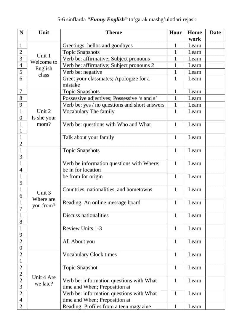 5-6 sinflarda “Funny English” to’garak mashg’ulotlari rejasi 1