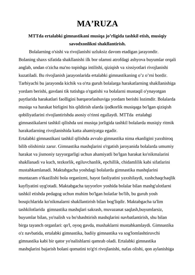 MTTda ertalabki gimnastikani musiqa jo’rligida tashkil etish, musiqiy savodxonlikni shakllantirish. 1