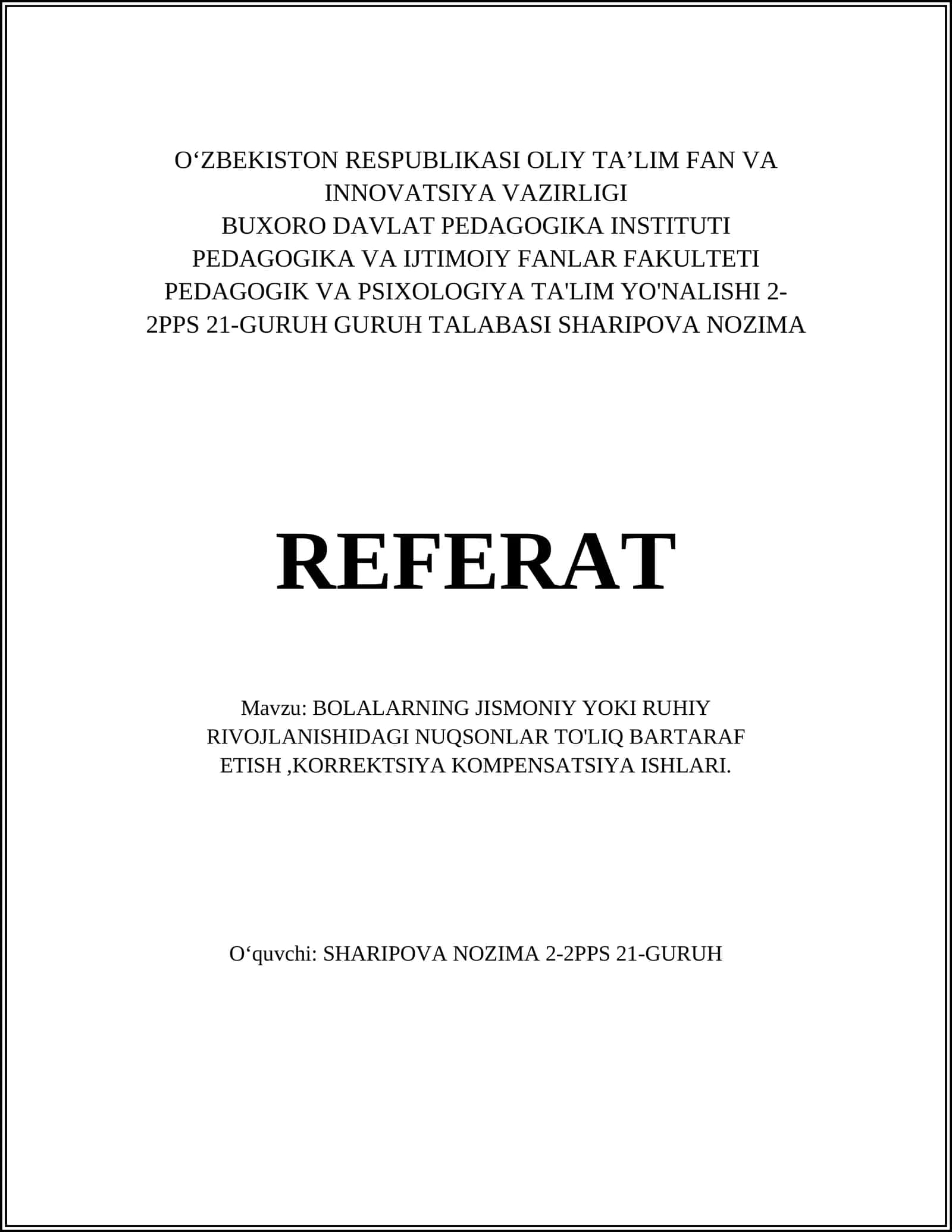 RUHIY RIVOJLANISHIDAGI NUQSONLAR TO'LIQ BARTARAF ETISH,KORREKTSIYA KOMPENSATSIYA ISHLARI 1