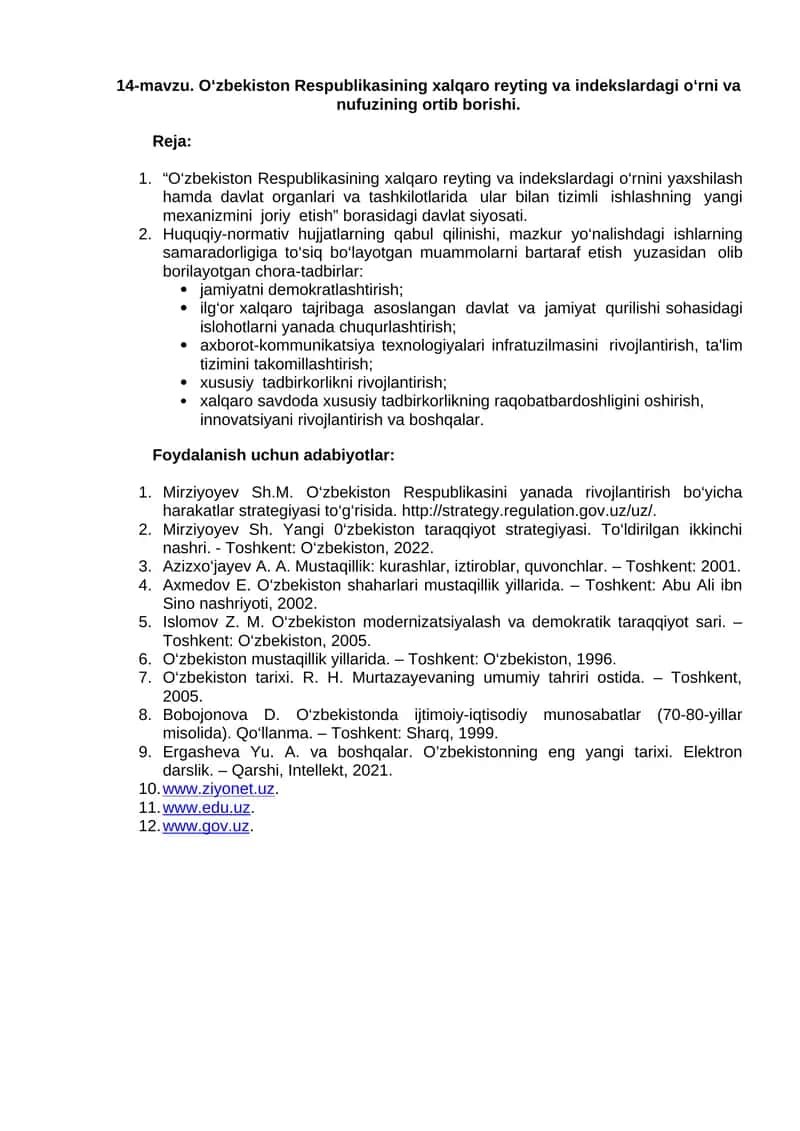 O‘zbekiston Respublikasining xalqaro reyting va indekslardagi o‘rni va nufuzining ortib borishi 1