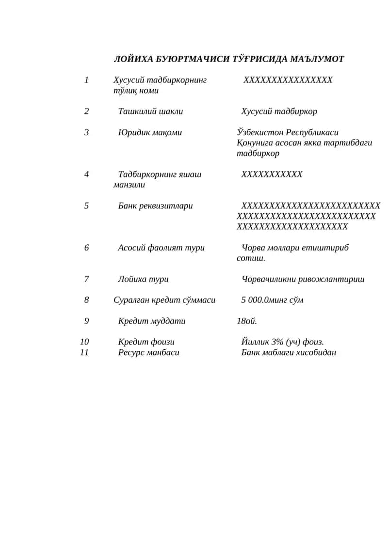 Chorvachilik uchun biznes reja 1