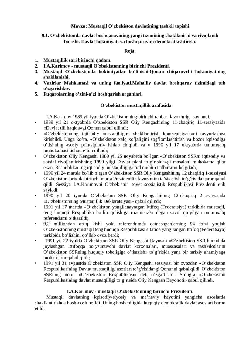 Mustaqil O’zbekiston davlatining tashkil topishi 1