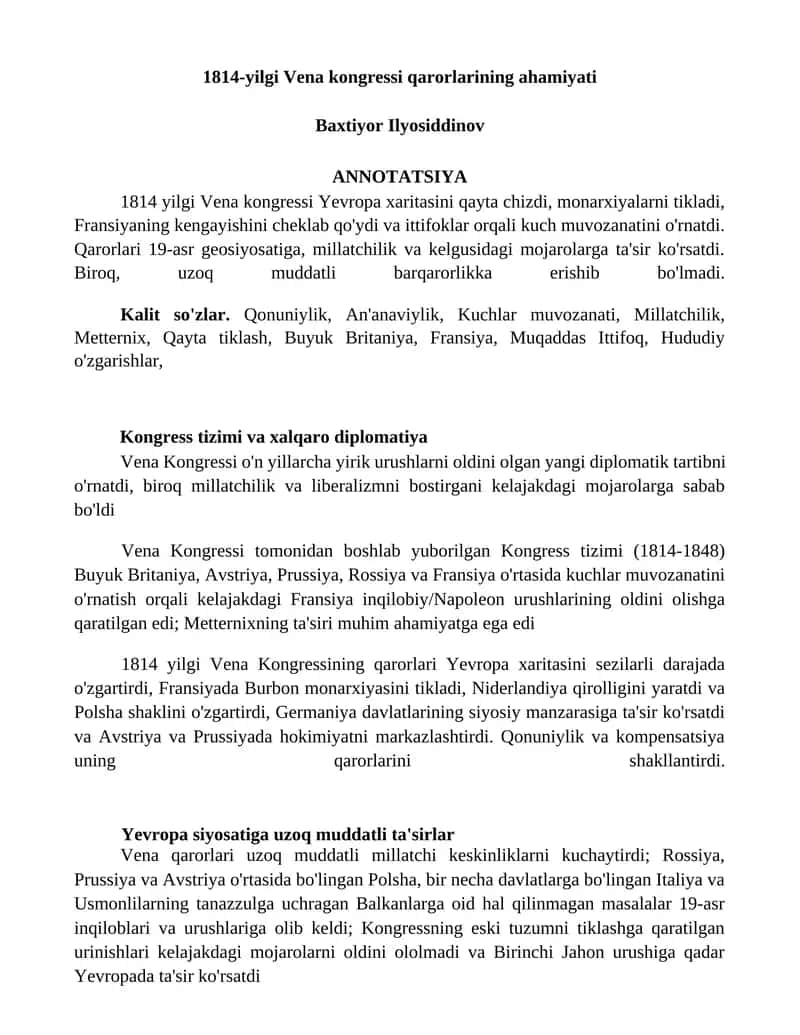 1814-yilgi Vena kongressi qarorlarining ahamiyati 1