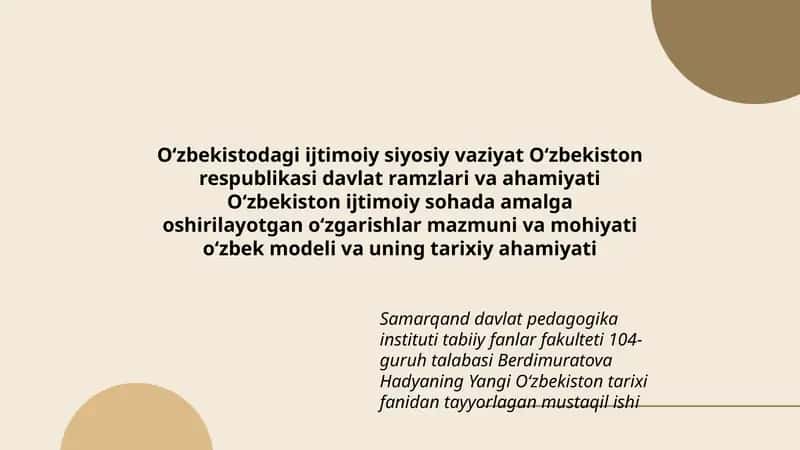 Yangi Oʻzbekiston tarixi fanidan tayyorlagan mustaqil ishi 1