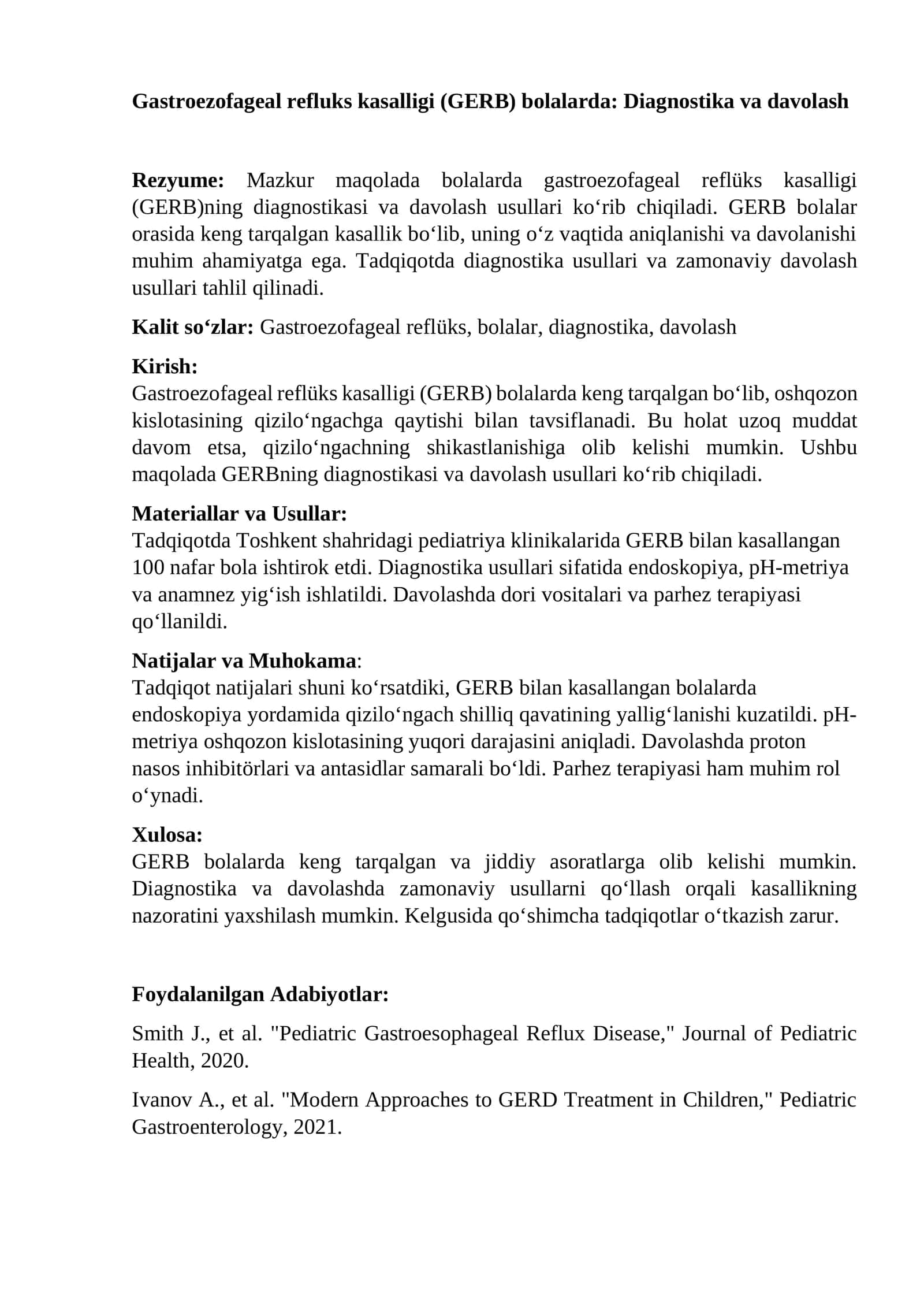 Gastroezofageal refluks kasalligi (GERB) bolalarda: Diagnostika va davolash 1