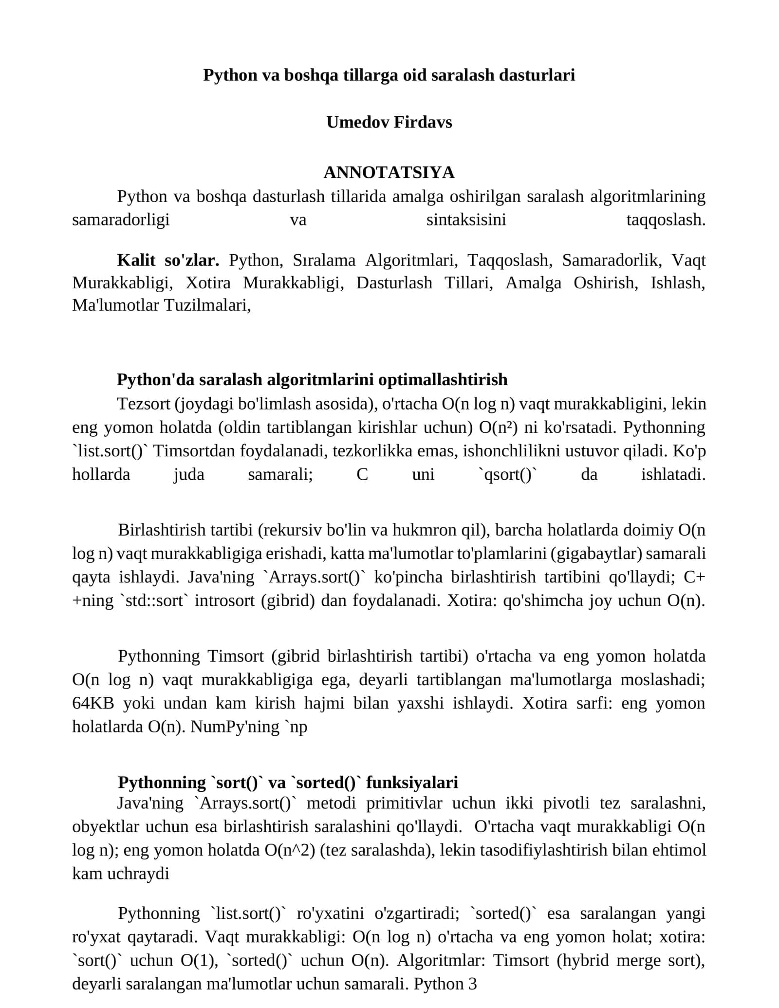 Python va boshqa tillarga oid saralash dasturlari 1