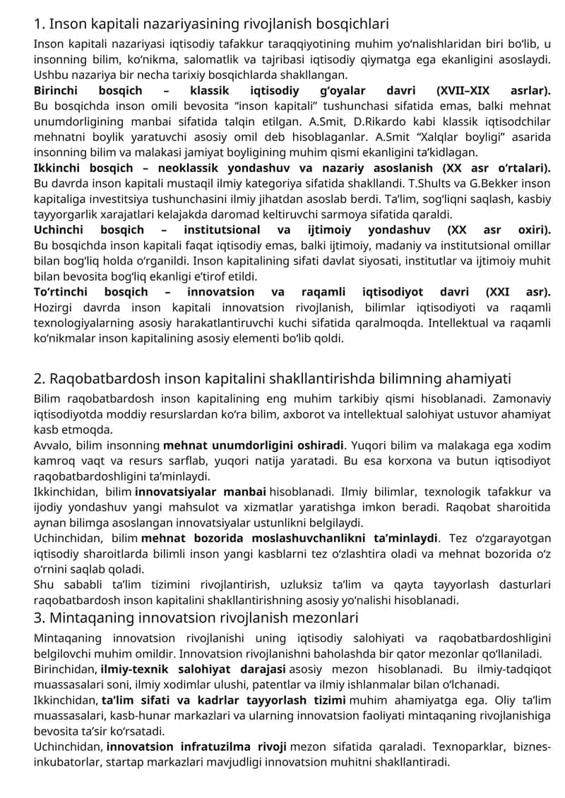 Inson kapitali nazariyasining rivojlanish bosqichlari 1