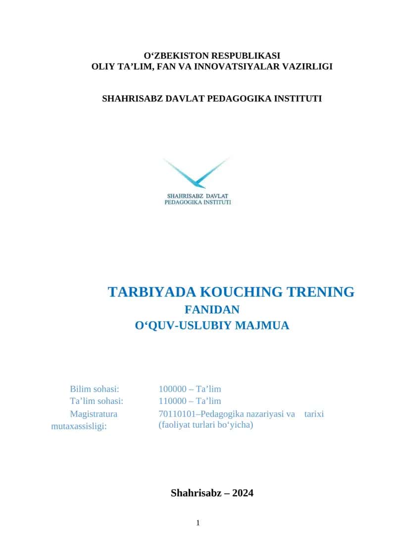 TARBIYADA KOUCHING TRENING FANIDAN O‘QUV-USLUBIY MAJMUA 1