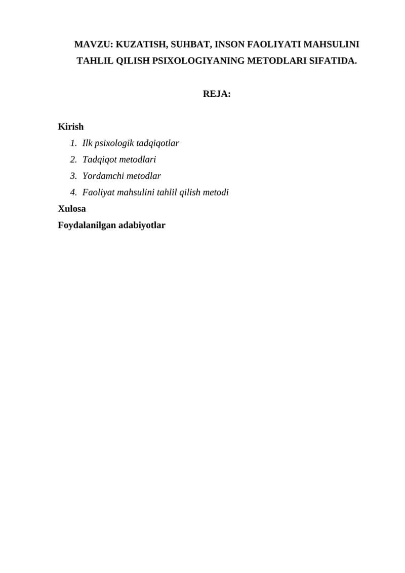 INSON FAOLIYATI MAHSULINI TAHLIL QILISH PSIXOLOGIYANING METODLARI SIFATIDA 1