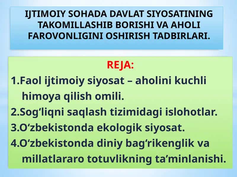 IJTIMOIY SOHADA DAVLAT SIYOSATINING TAKOMILLASHIB BORISHI VA AHOLI FAROVONLIGINI OSHIRISH TADBIRLARI 1