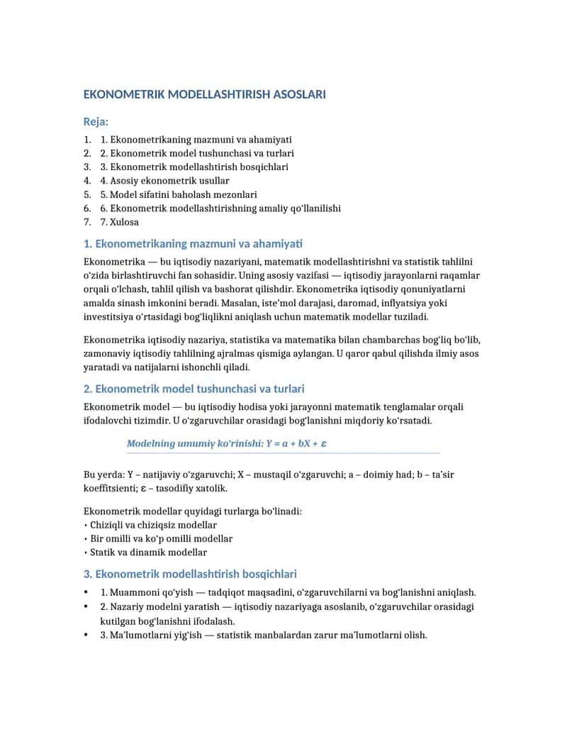 EKONOMETRIK MODELLASHTIRISH ASOSLARI 1