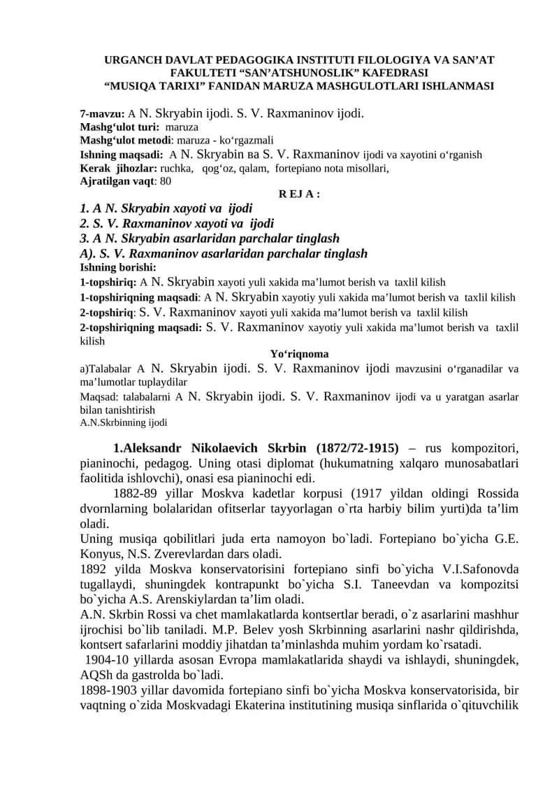 А N. Skryabin ijodi. S. V. Raxmaninov ijodi 1