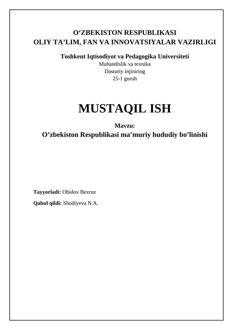 O’zbekiston Respublikasi ma’muriy hududiy bo’linishi 1