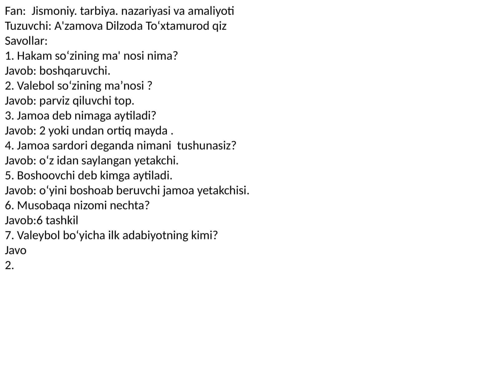 Fan: Jismoniy tarbiya nazariyasi va amaliyoti 1