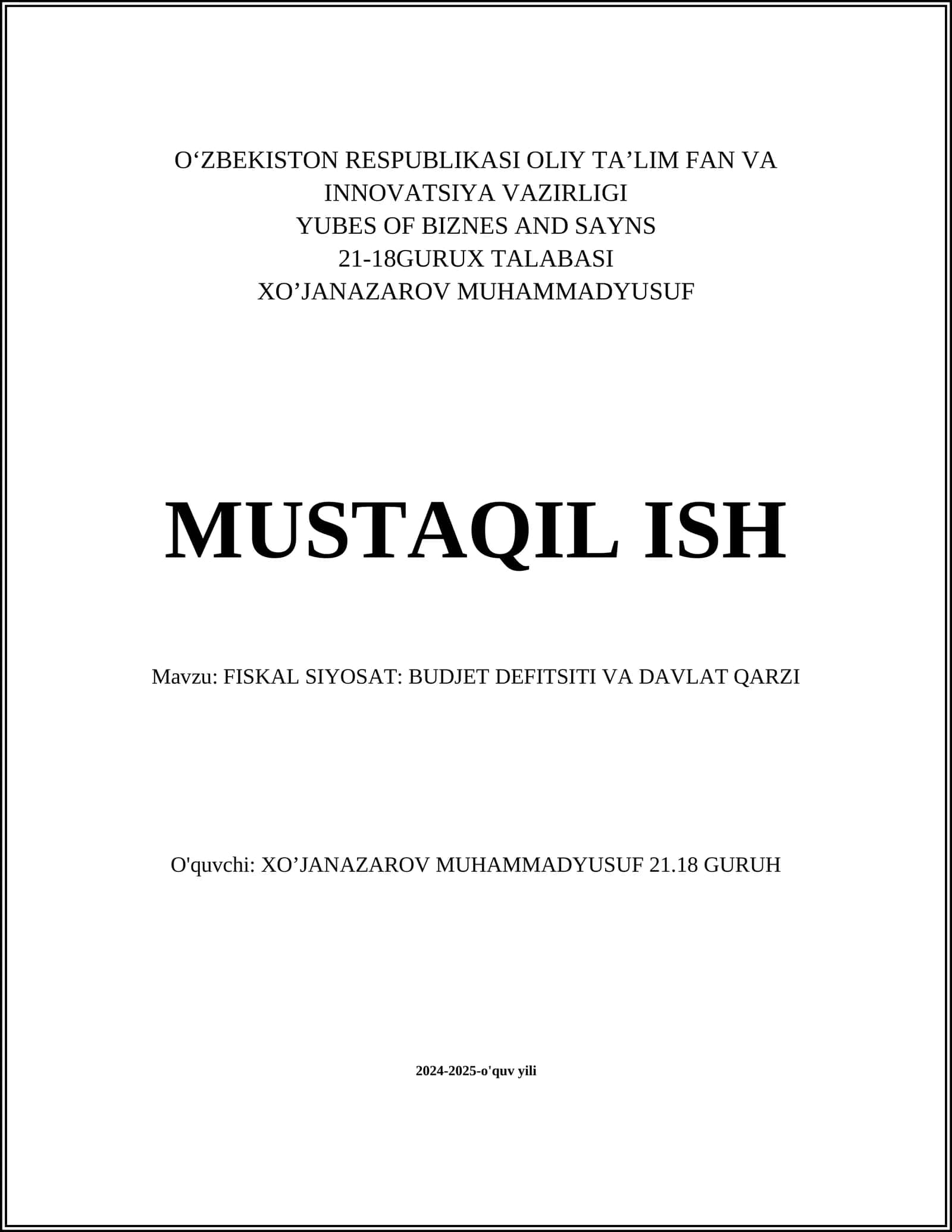 FISKAL SIYOSAT: BUDJET DEFITSITI VA DAVLAT QARZI 1