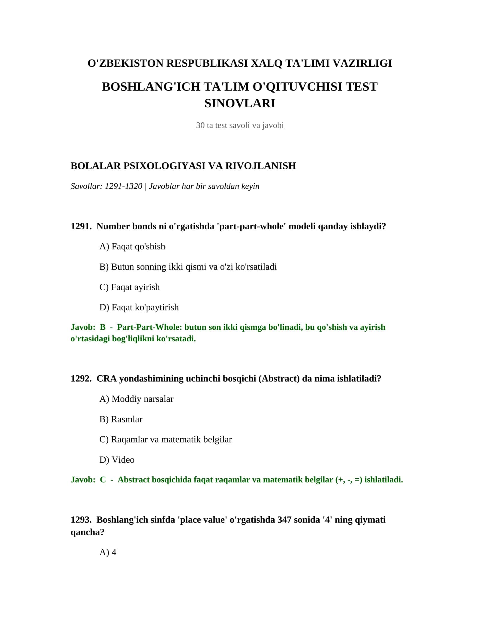 Boshlang'ich ta'lim o'qituvchisi test sinovlari 1
