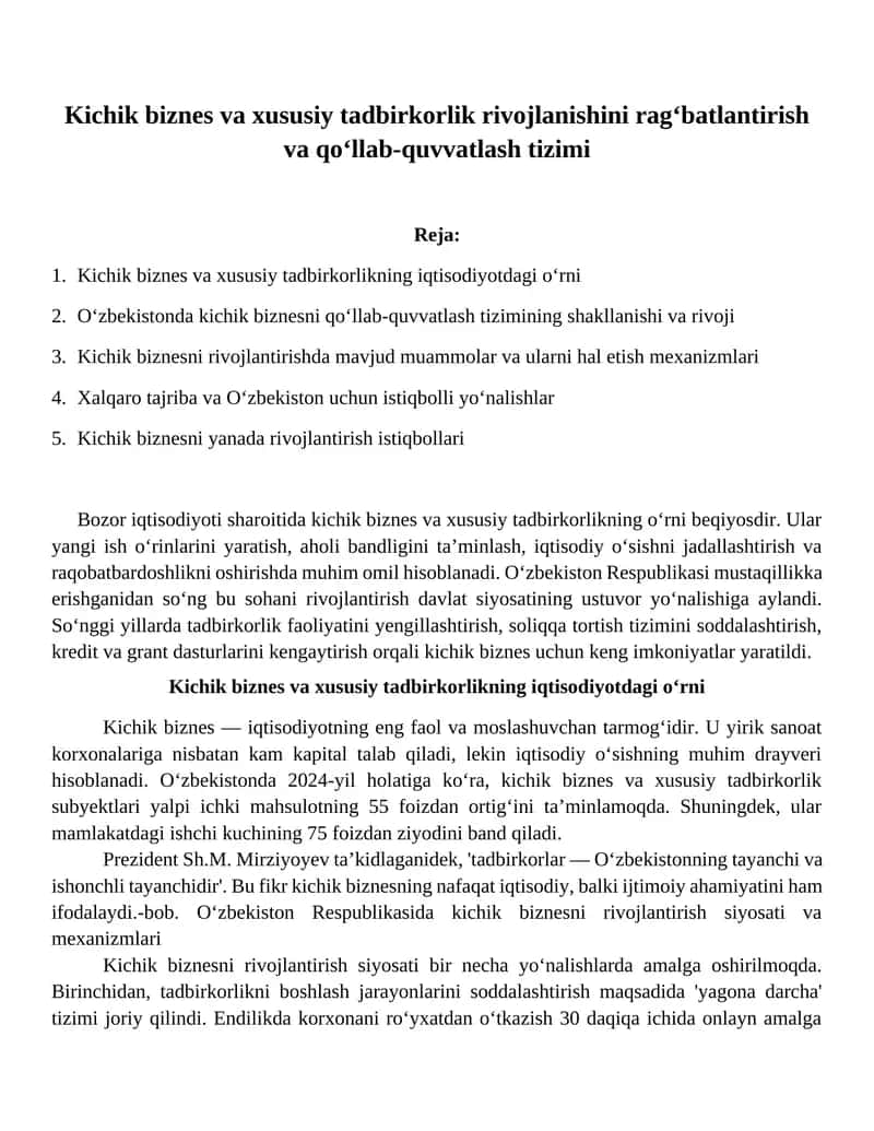 Kichik biznes va xususiy tadbirkorlik rivojlanishini rag‘batlantirish va qo‘llab-quvvatlash tizimi 1