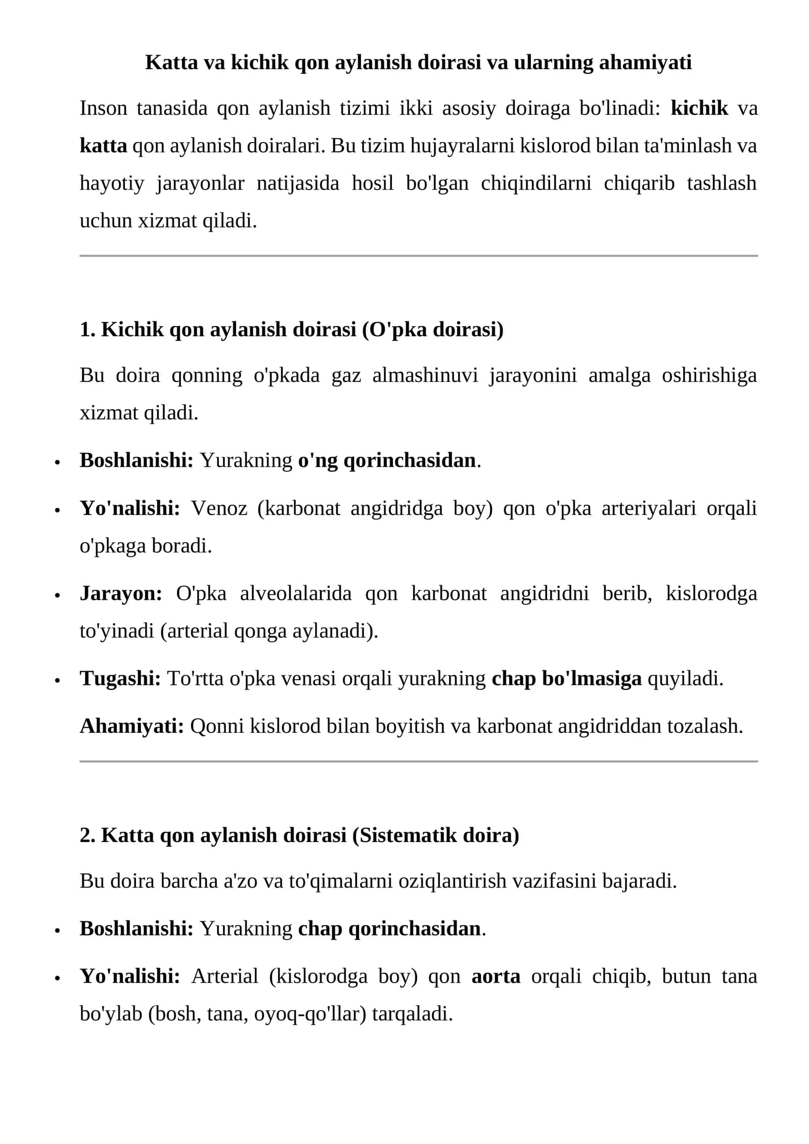 Katta va kichik qon aylanish doirasi va ularning ahamiyati 1
