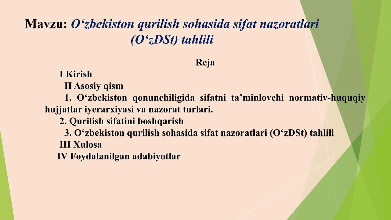 O‘zbekiston qurilish sohasida sifat nazoratlari (O‘zDSt) tahlili 1