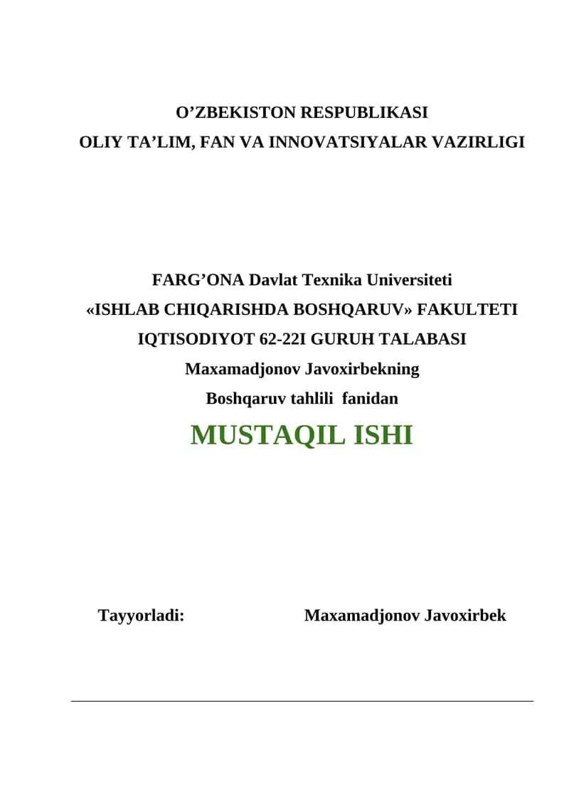 Korxonaning Asosiy Vositalar Bilan Ta’minlanish Darajasi va Ulardan Samarali Foydalanish Tahlili 1