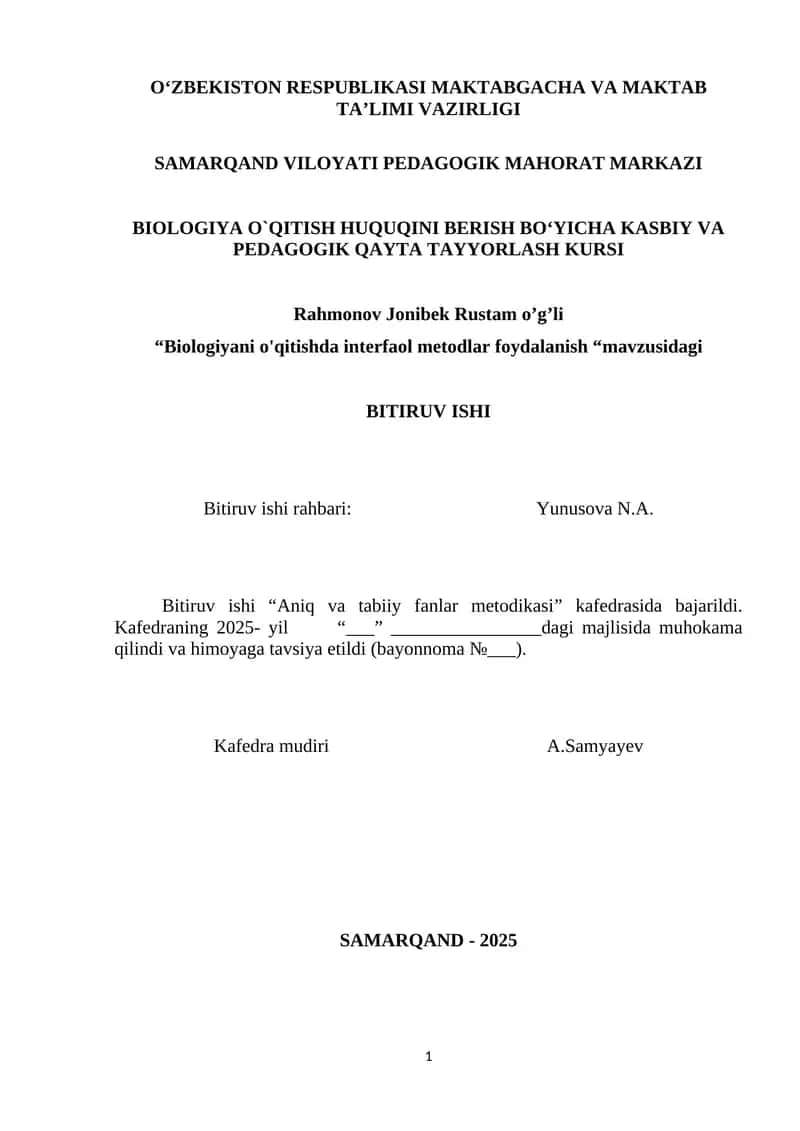 Biologiya fanidan Qon aylanish tizimining tuzilishi va vazifasi mavzularini o’qitish metodikasi 1