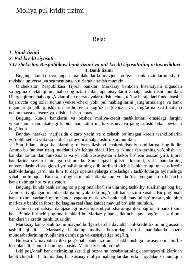 Moliya pul kridit tizimi 1