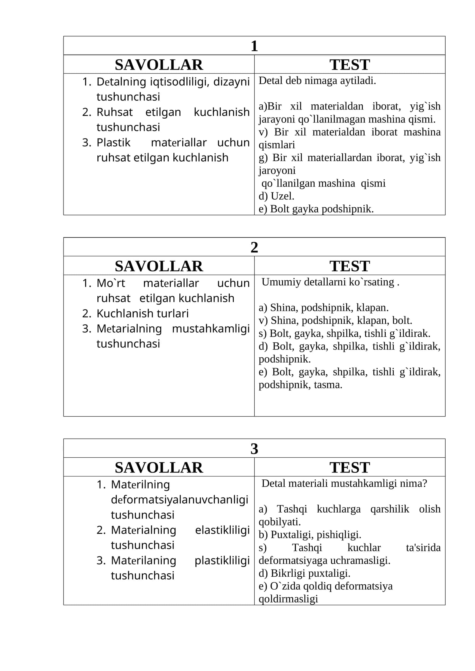 Texnika SAVOLLAR TEST 1