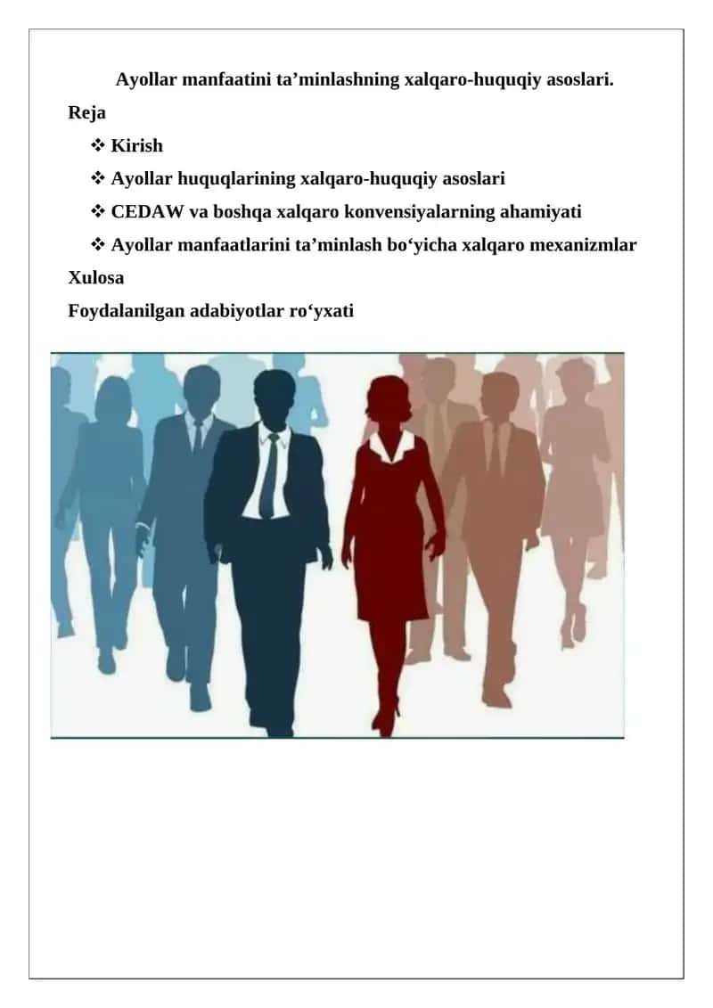 Ayollar manfaatini ta’minlashning xalqaro-huquqiy asoslari 1