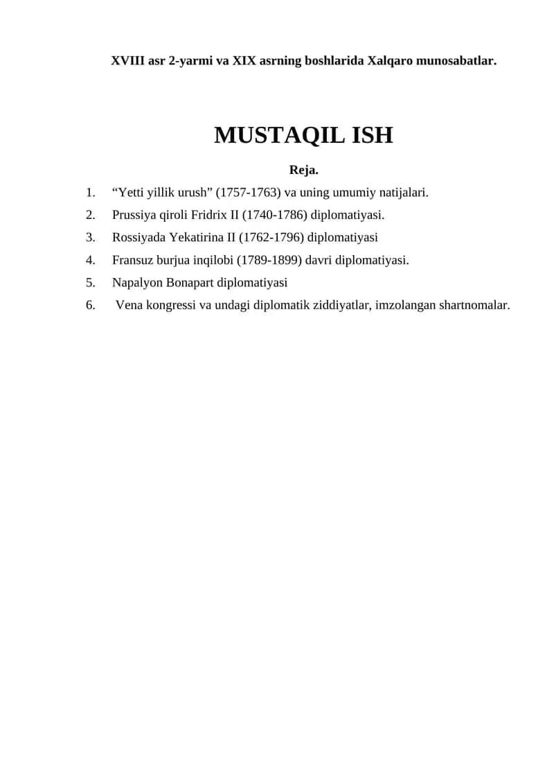 XVIII asr 2-yarmi va XIX asrning boshlarida Xalqaro munosabatlar 1