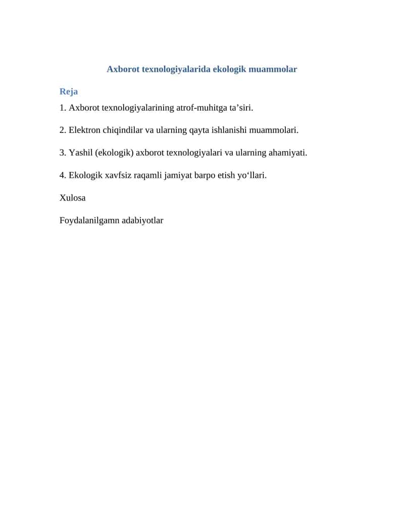 Axborot texnologiyalarida ekologik muammolar 1