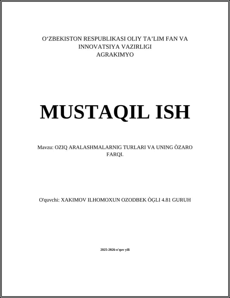 Oziq aralashmalarining umumiy tasnifi 1
