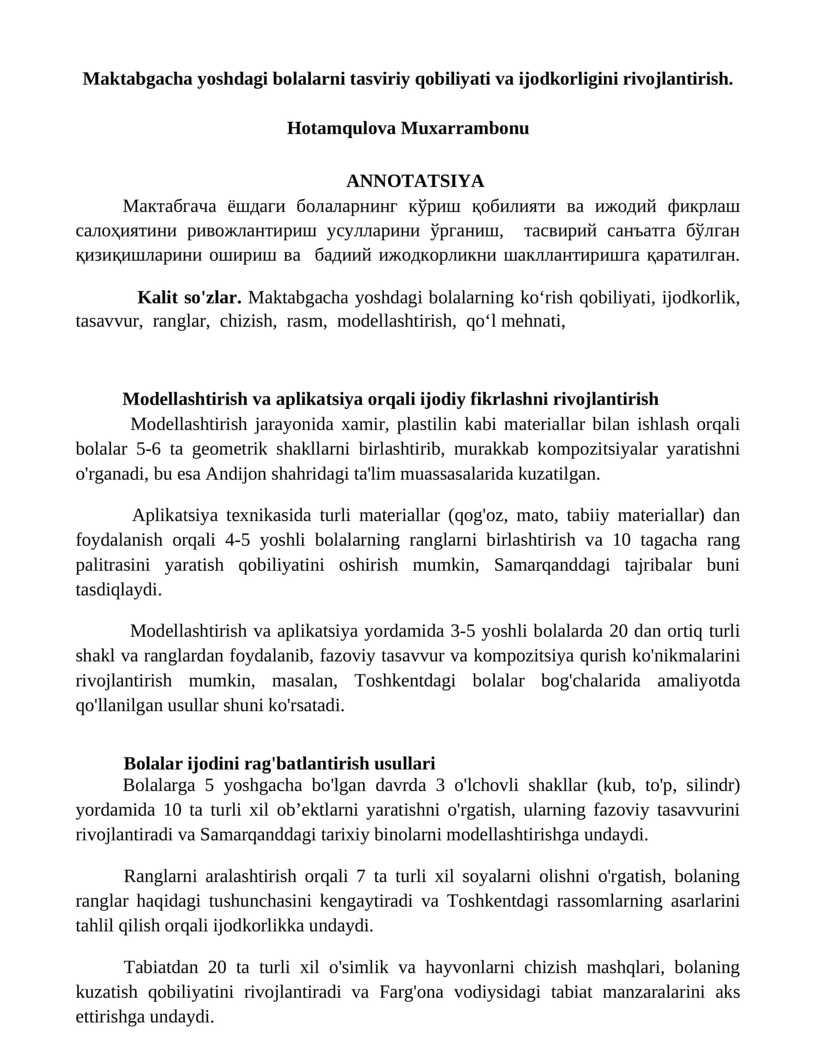 Maktabgacha yoshdagi bolalarni tasviriy qobiliyati va ijodkorligini rivojlantirish 1