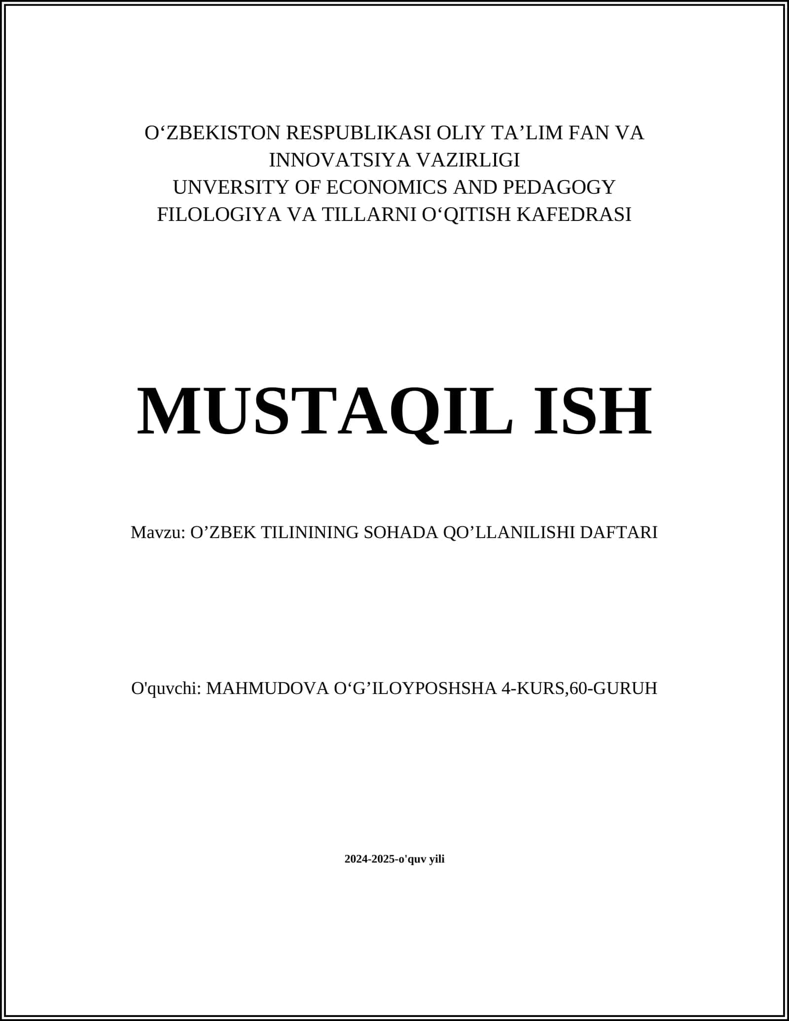 O‘ZBEK TILINING SOHADA QO’LLANILISHI DAFTARI 1