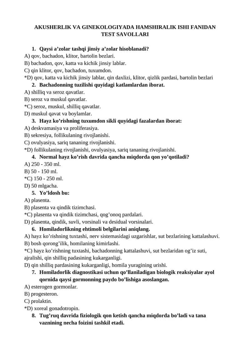 AKUSHERLIK VA GINEKOLOGIYADA HAMSHIRALIK ISHI FANIDAN TEST SAVOLLARI 1