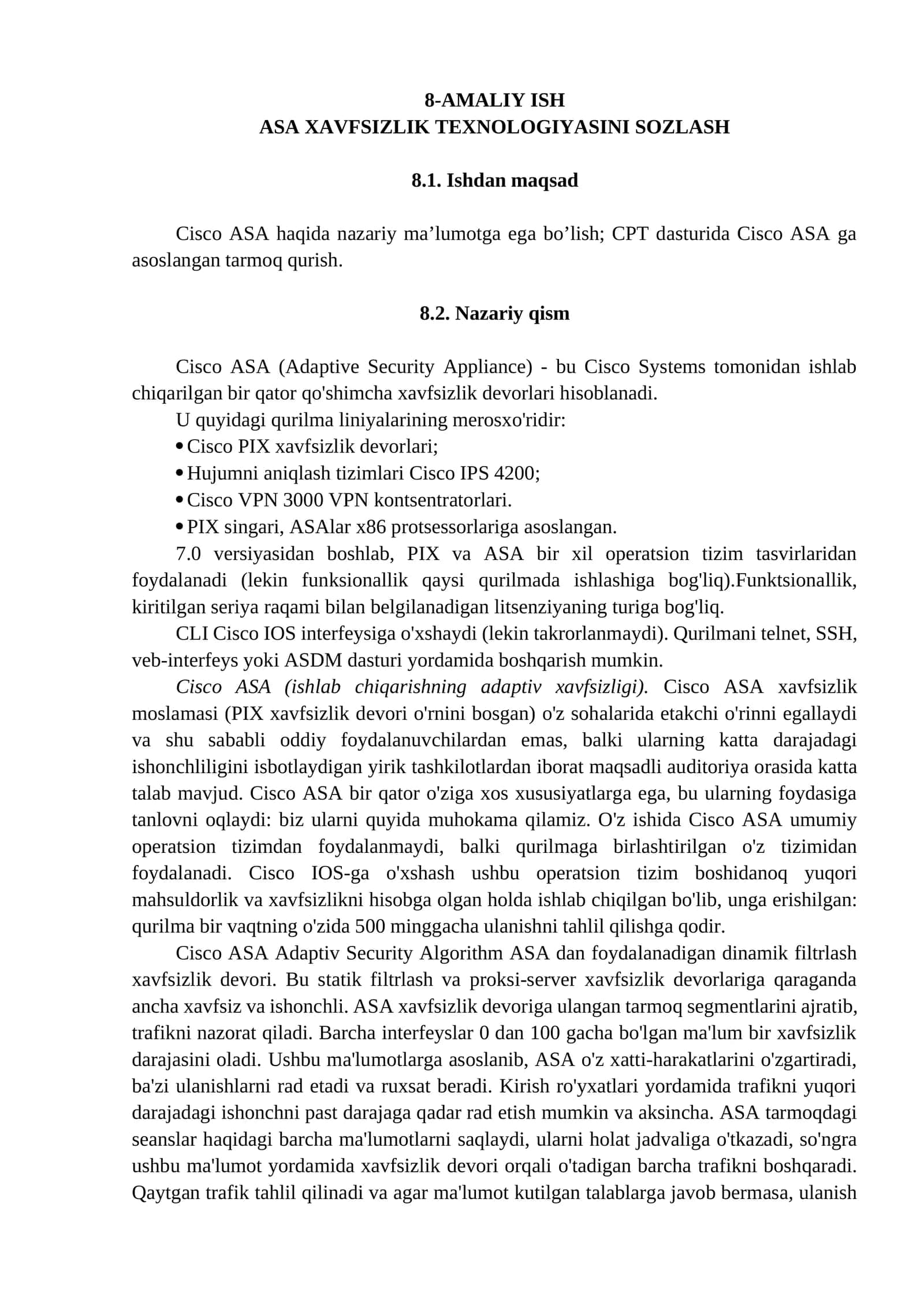 ASA XAVFSIZLIK TEXNOLOGIYASINI SOZLASH 1