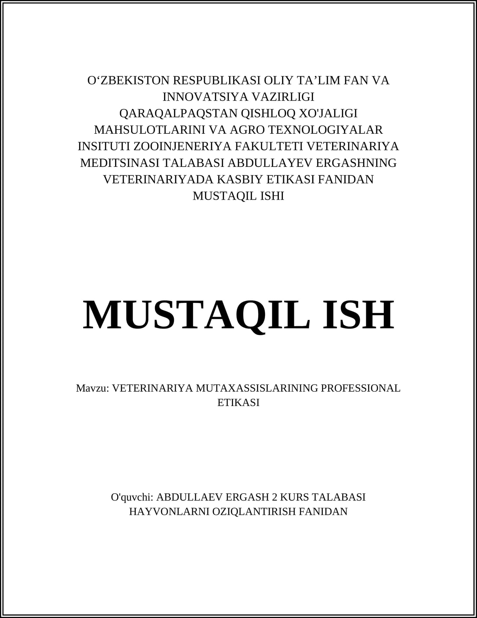 VETERINARIYA MUTAXASSISLARINING PROFESSIONAL ETIKASI 1
