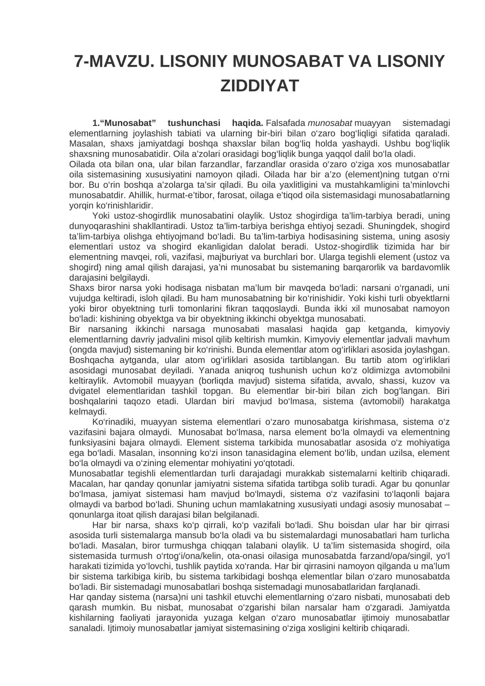 MAVZU. LISONIY MUNOSABAT VA LISONIY ZIDDIYAT 1
