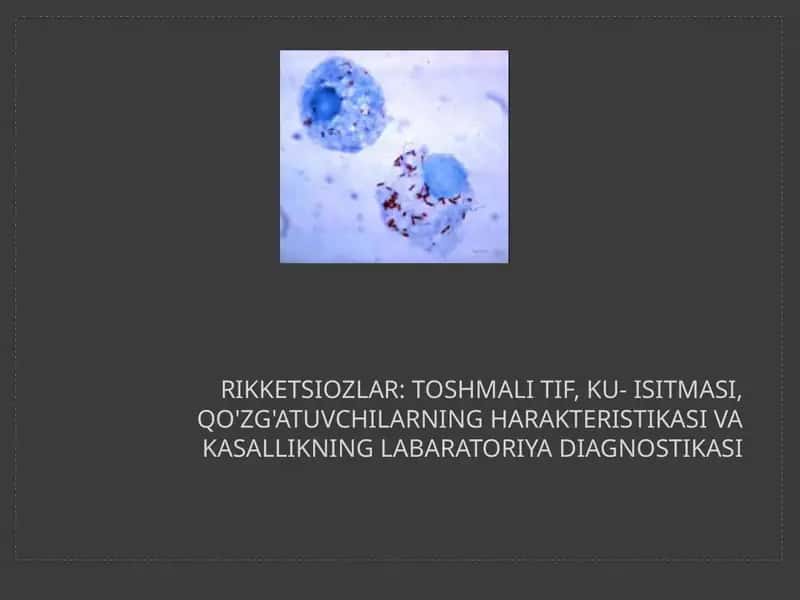 RIKKETSIOZLAR: toshmali tif, Ku- isitmasi, qo'zg'atuvchilarning harakteristikasi va kasallikning labaratoriya diagnostikasi 1