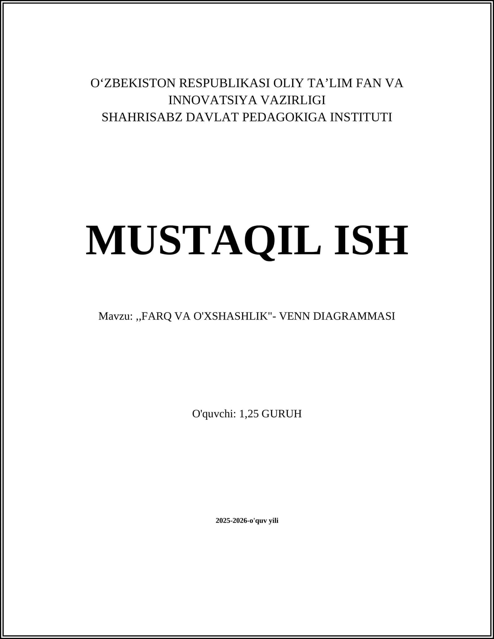 FARQ VA O'XSHASHLIK - VENN DIAGRAMMASI 1