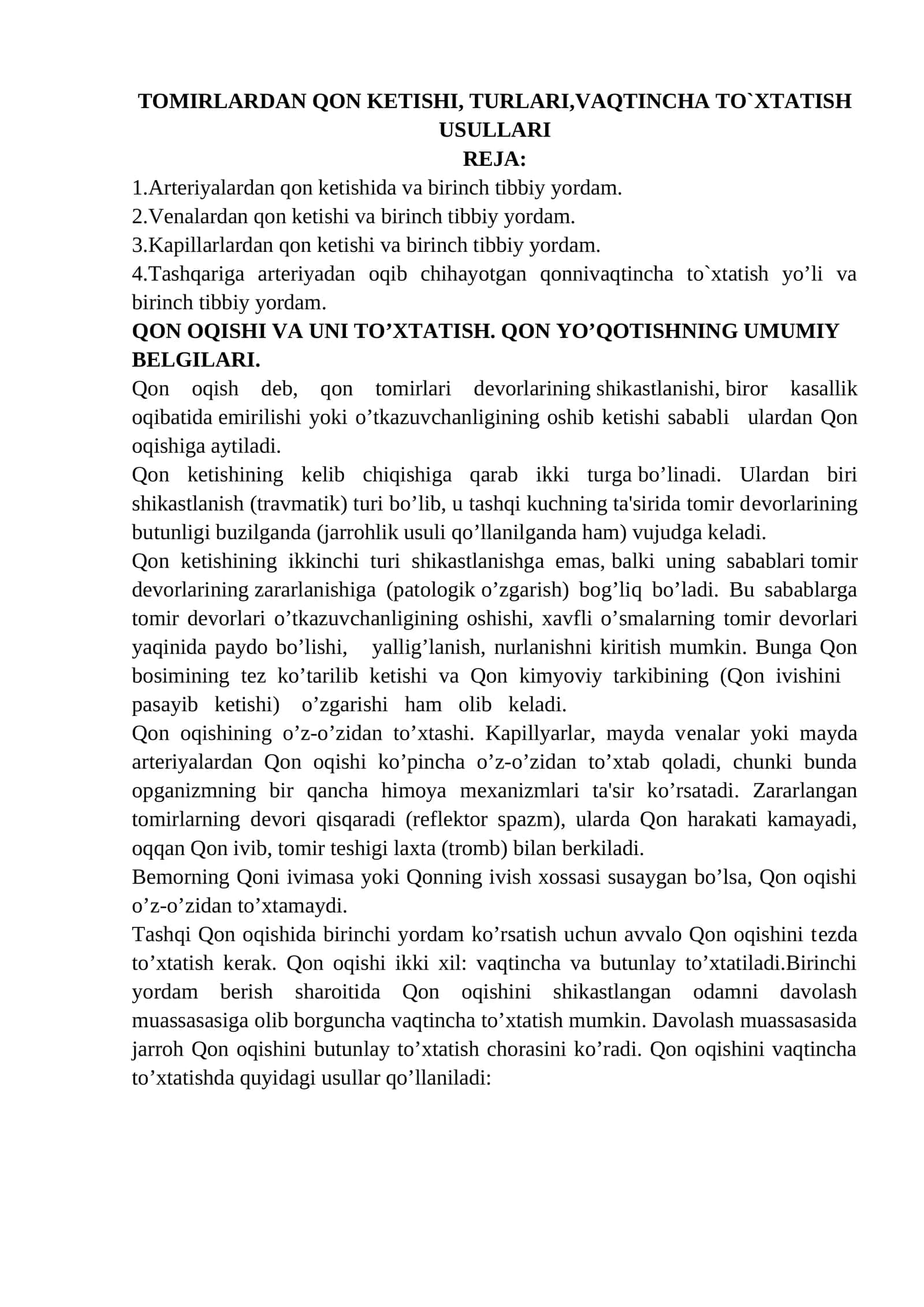 TOMIRLARDAN QON KETISHI, TURLARI,VAQTINCHA TO`XTATISH USULLARI 1