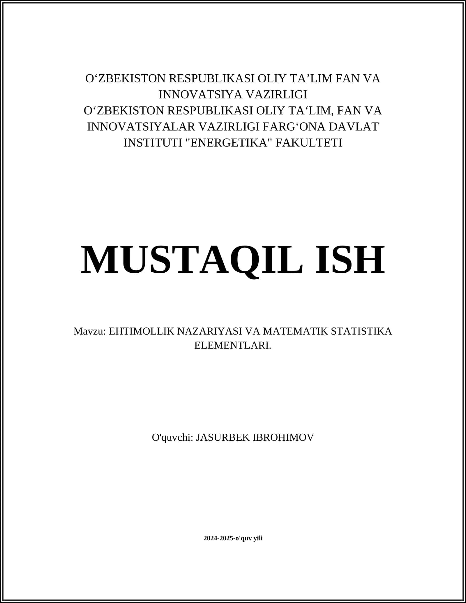 EHTIMOLLIK NAZARIYASI VA MATEMATIK STATISTIKA ELEMENTLARI 1