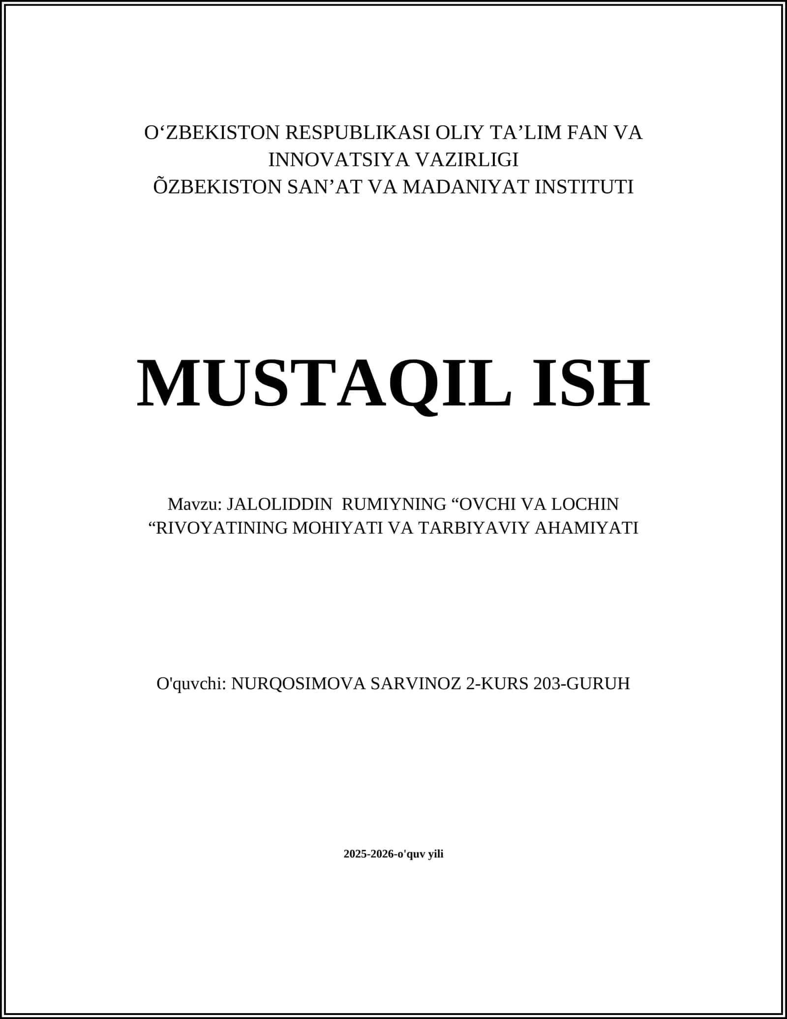 JALOLIDDIN RUMIYNING “OVCHI VA LOCHIN “RIVOYATINING MOHIYATI VA TARBIYAVIY AHAMIYATI 1