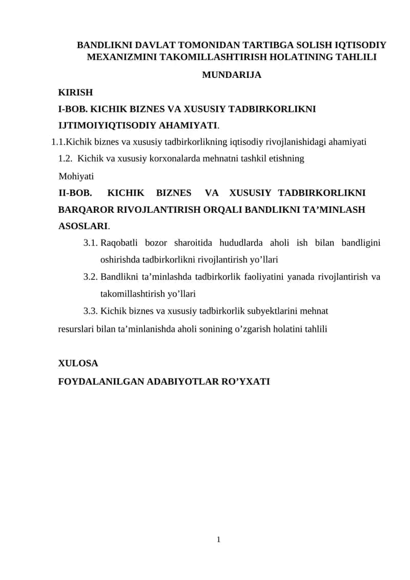 BANDLIKNI DAVLAT TOMONIDAN TARTIBGA SOLISH IQTISODIY MEXANIZMINI TAKOMILLASHTIRISH HOLATINING TAHLILI 1