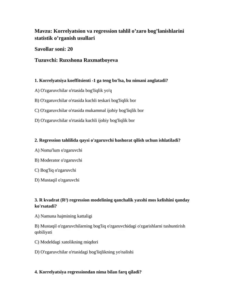 Korrelyatsion va regression tahlil o’zaro bog’lanishlarini statistik o’rganish usullari 1