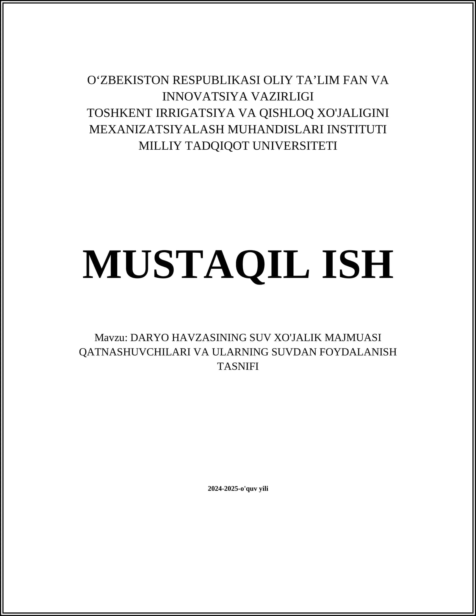 DARYO HAVZASINING SUV XO'JALIK MAJMUASI QATNASHUVCHILARI VA ULARNING SUVDAN FOYDALANISH TASNIFI 1