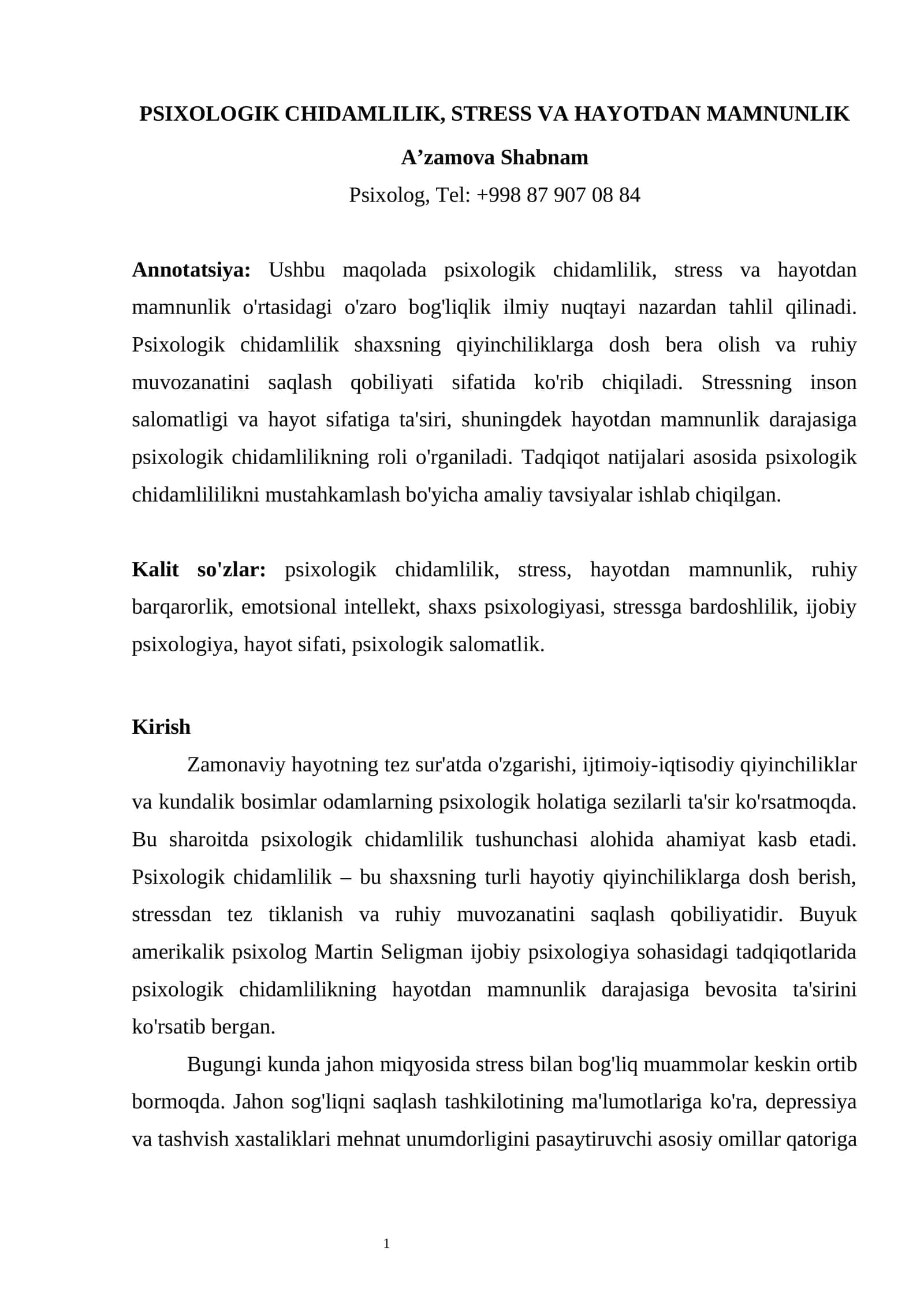 PSIXOLOGIK CHIDAMLILIK, STRESS VA HAYOTDAN MAMNUNLIK 1